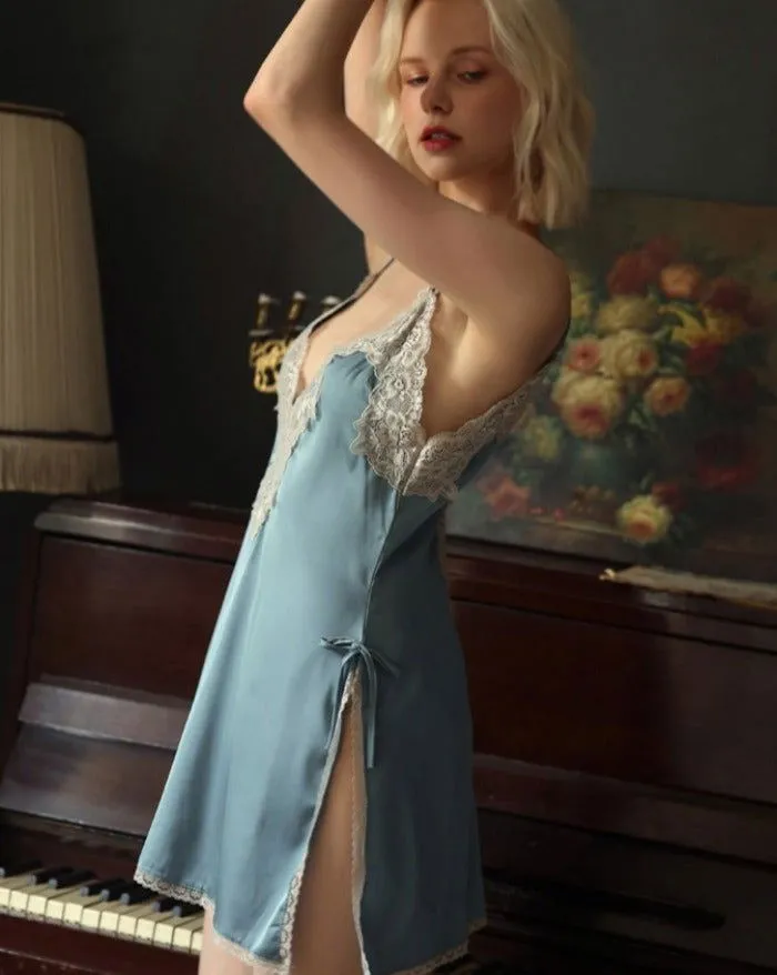 Blue Satin Lace Backless Babydoll Nightgown