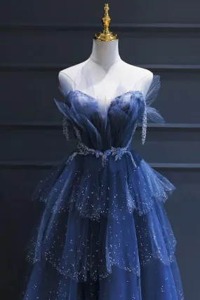 Blue Tulle Beaded Long Senior Prom Dress, A-Line Blue Formal Dress