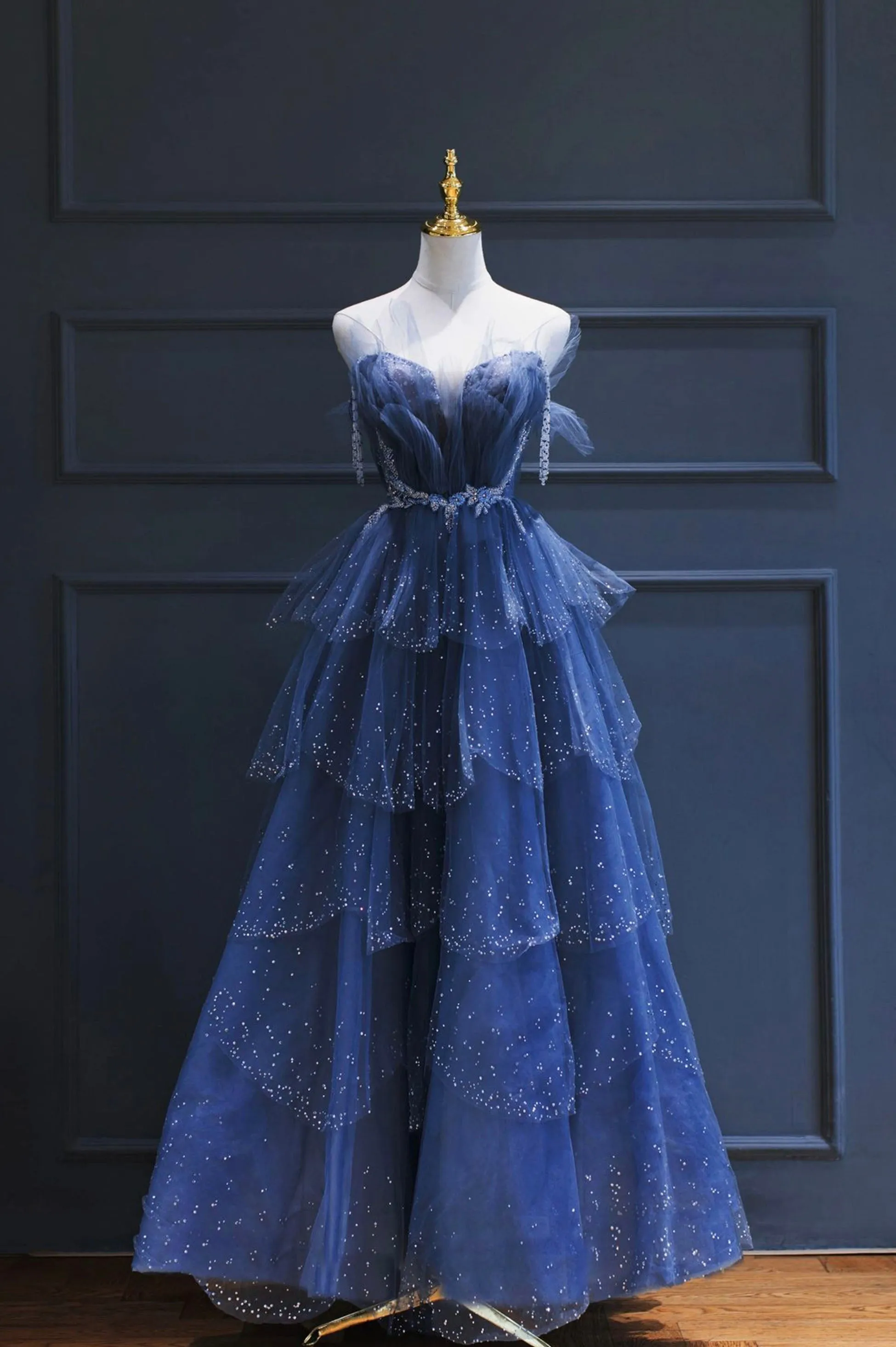 Blue Tulle Beaded Long Senior Prom Dress, A-Line Blue Formal Dress