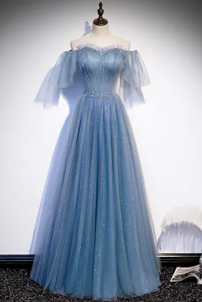 Blue Tulle Beading Long Prom Dresses, A-Line Evening Party Dresses