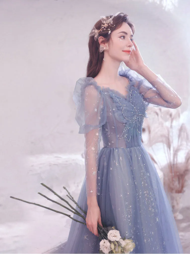 Blue Tulle Lace Long Prom Dress, Blue Tulle Formal Graduation Dresses