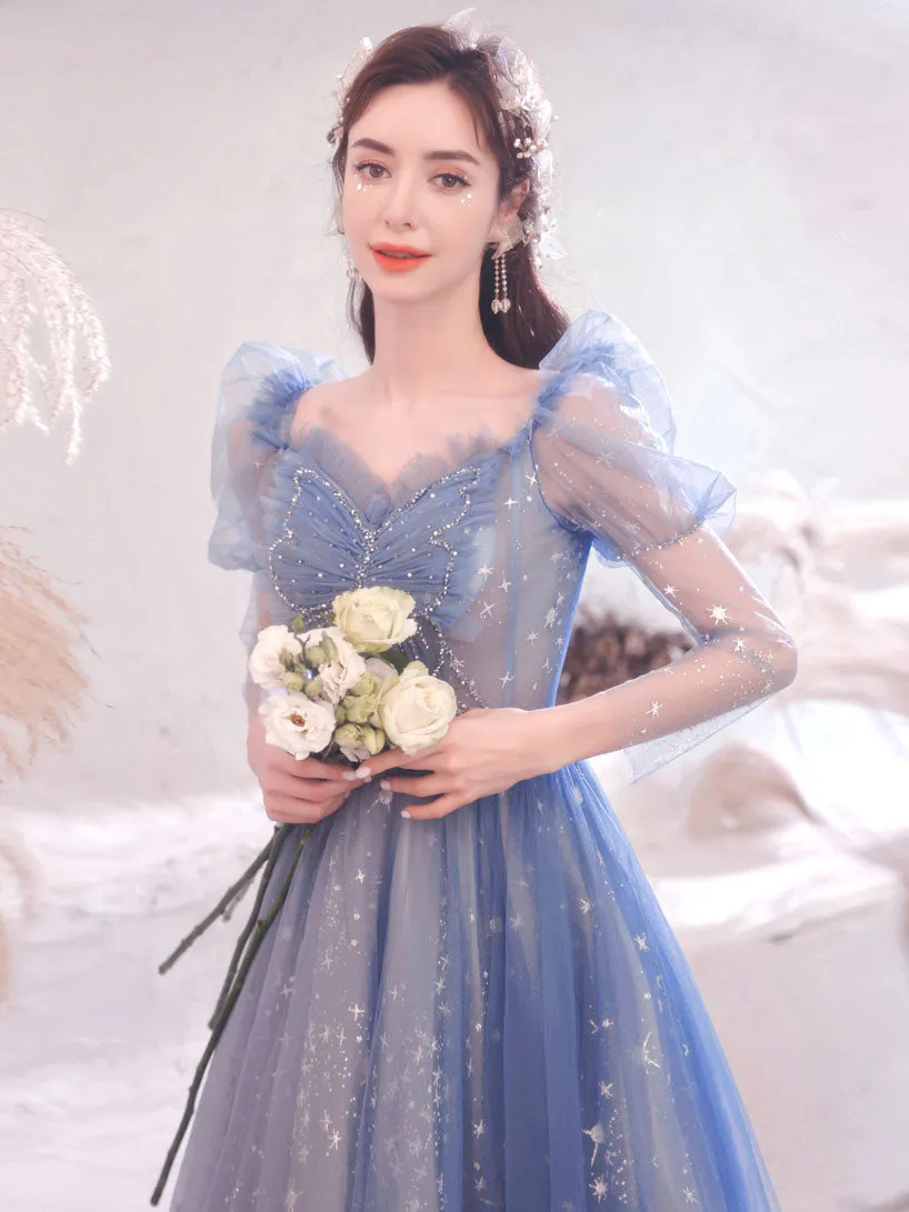 Blue Tulle Lace Long Prom Dress, Blue Tulle Formal Graduation Dresses