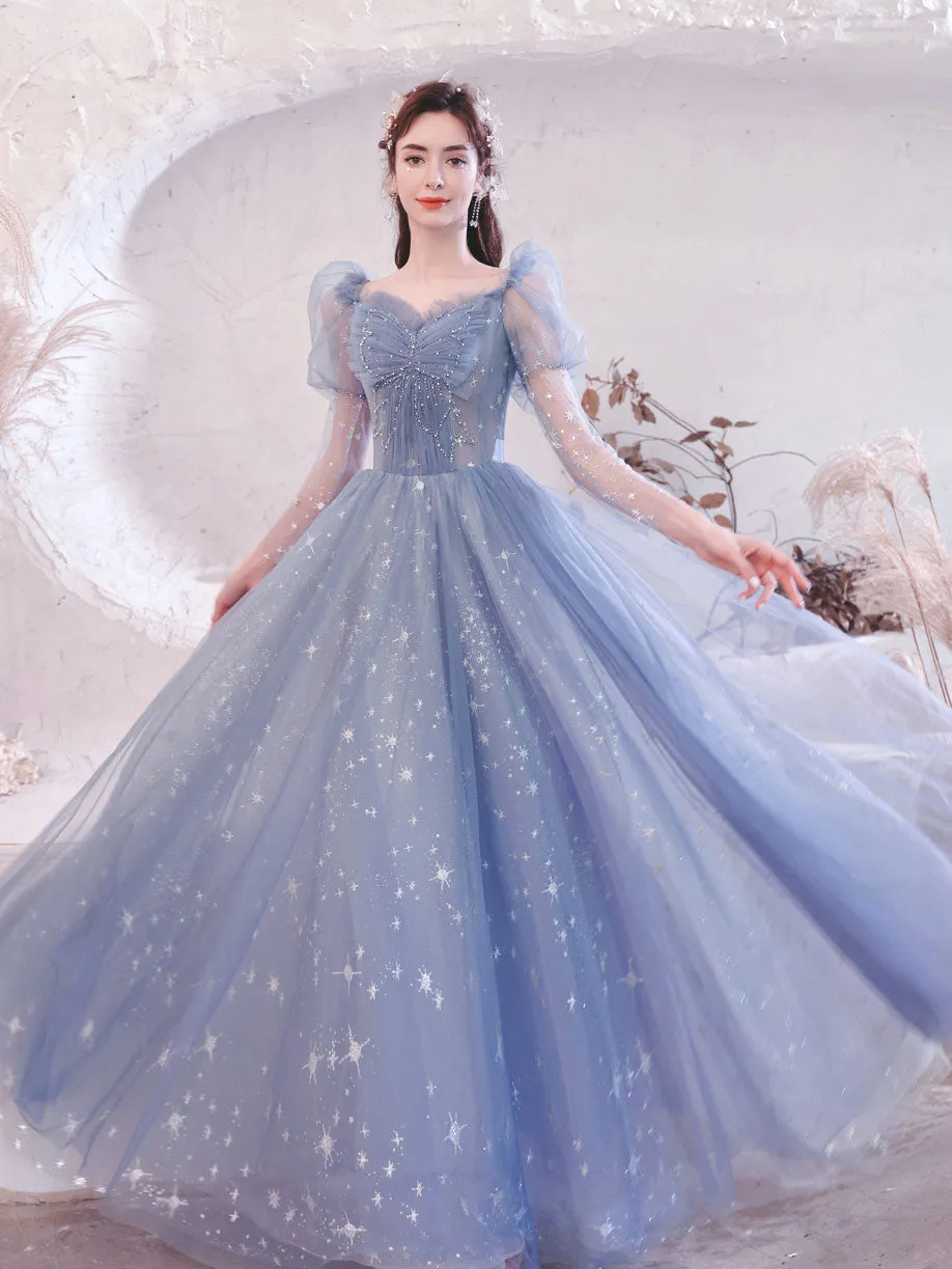 Blue Tulle Lace Long Prom Dress, Blue Tulle Formal Graduation Dresses