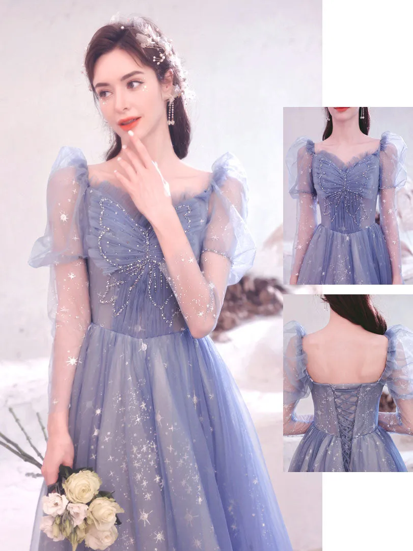 Blue Tulle Lace Long Prom Dress, Blue Tulle Formal Graduation Dresses