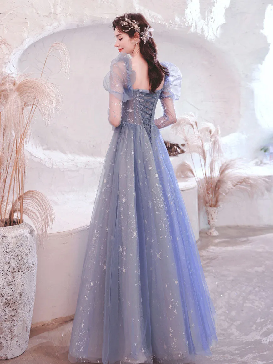 Blue Tulle Lace Long Prom Dress, Blue Tulle Formal Graduation Dresses