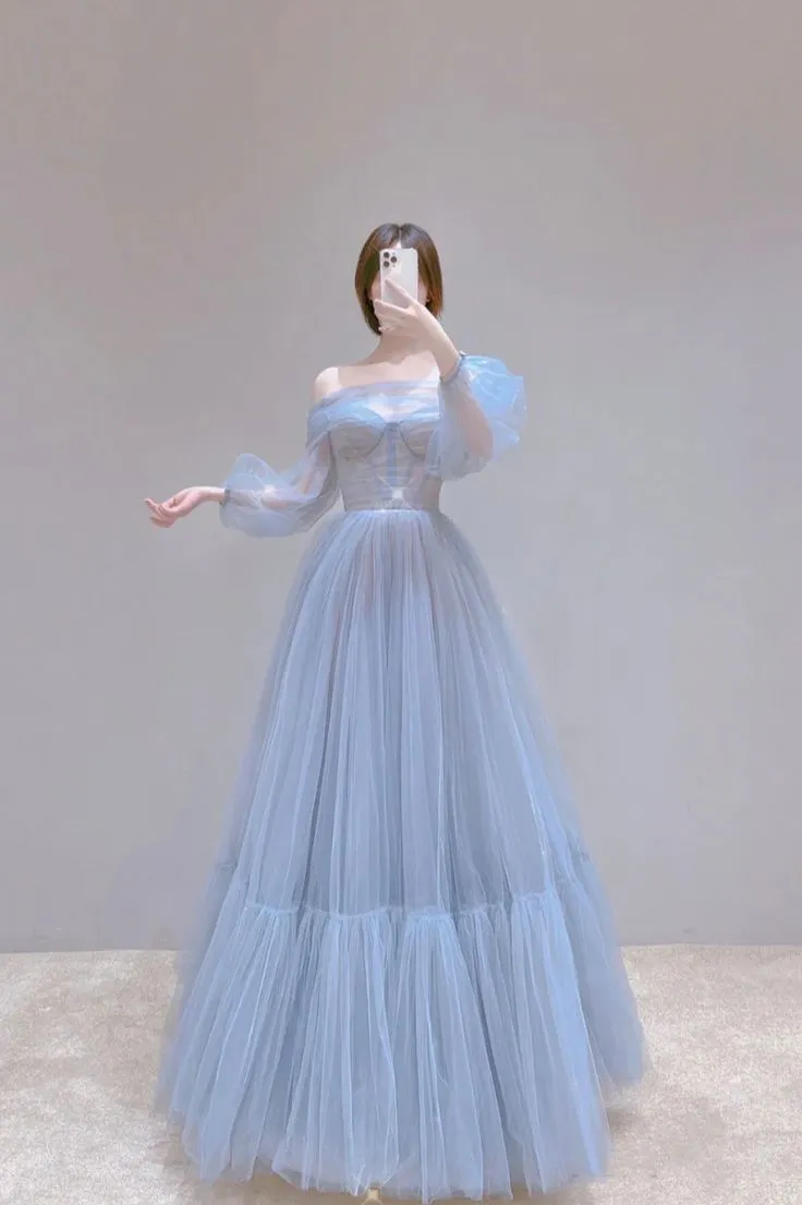 Blue Tulle Long Prom Dress, Beautiful Long Sleeve Tulle Evening Dress      fg6142