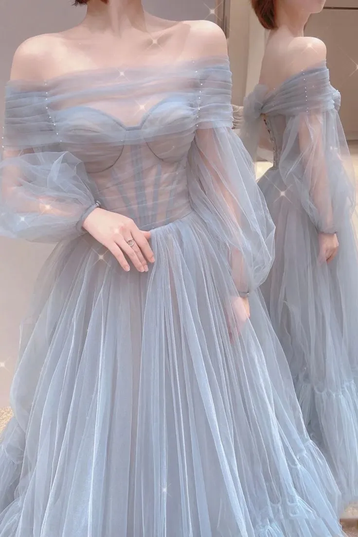 Blue Tulle Long Prom Dress, Beautiful Long Sleeve Tulle Evening Dress      fg6142