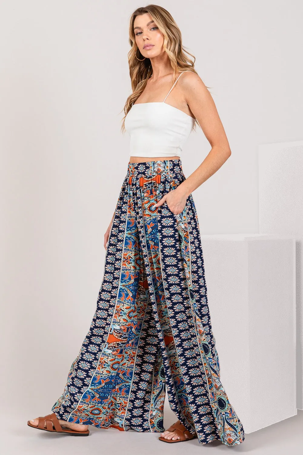 Bohemian Multi Geo Print Wide Leg Pants