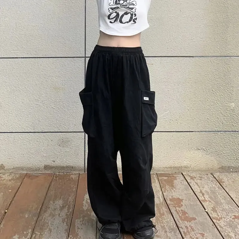 Bonnyshow Street Fashion Pocket Cargo Pants Women Loose High Waist Thin Sweatpants All-match Korean Style Lazy And Handsome Trousers