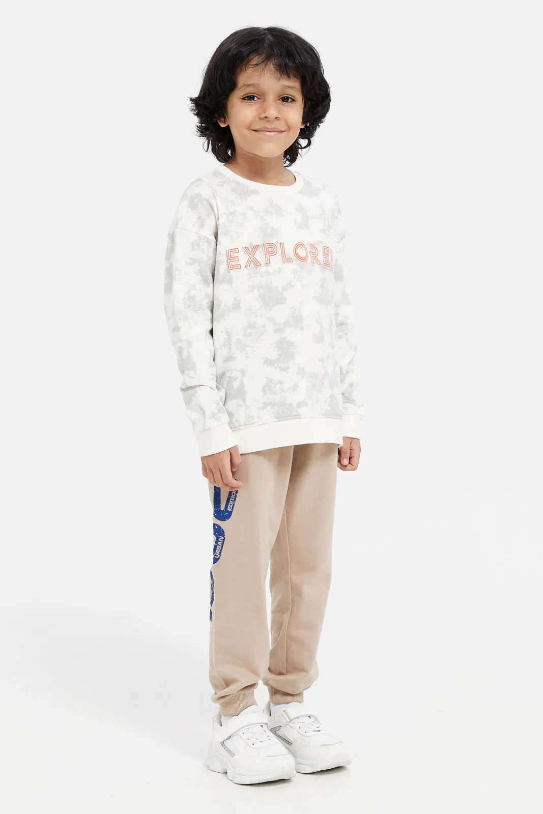 Boys Beige Zip Pocket With Print Jog Pants