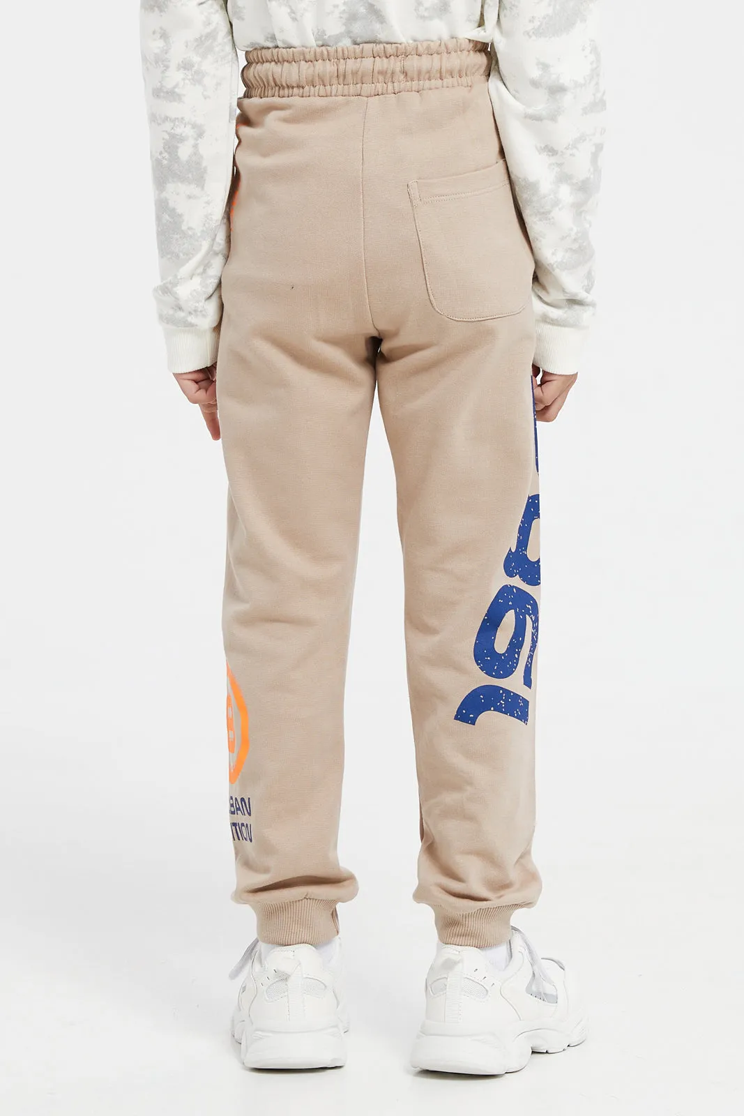 Boys Beige Zip Pocket With Print Jog Pants