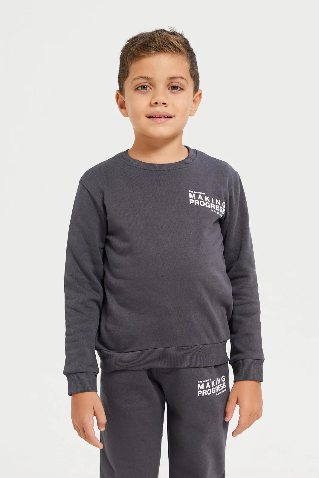 Boys Charcoal Crew Neck Basic Jog Set (2 Piece)