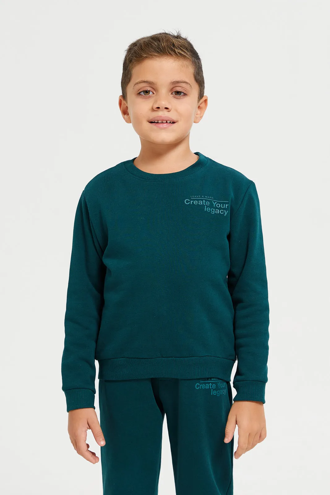 Boys Green Crew Neck Basic Jog Set (2 Piece)