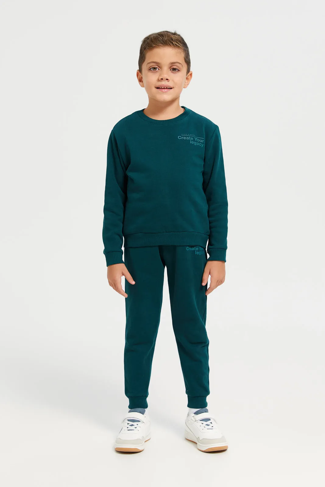 Boys Green Crew Neck Basic Jog Set (2 Piece)