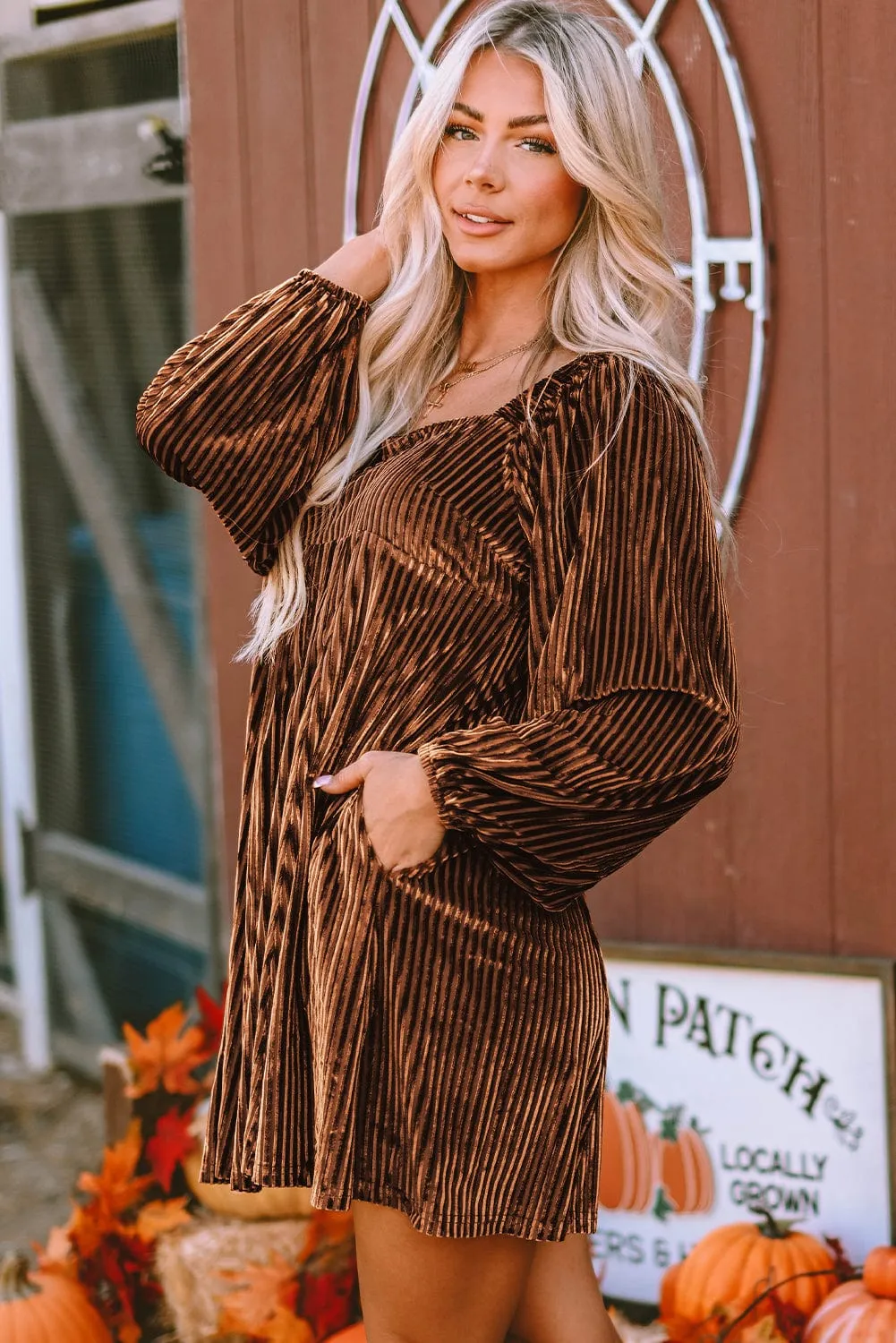 Brown Velvet Babydoll Dress with Square Neck and Tie Back