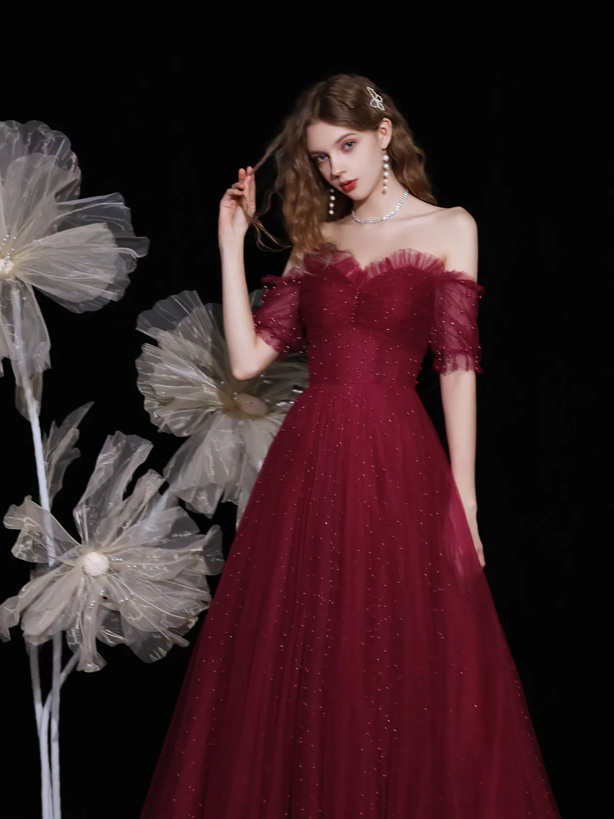 Burgundy sweetheart neck tulle beads long prom dress tulle formal dress