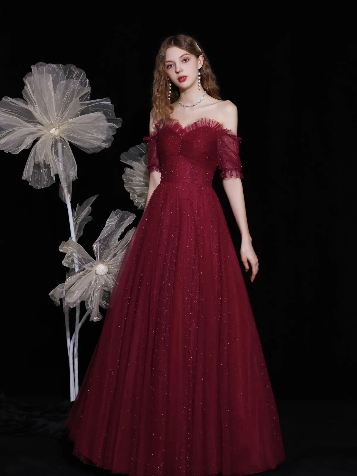 Burgundy sweetheart neck tulle beads long prom dress tulle formal dress