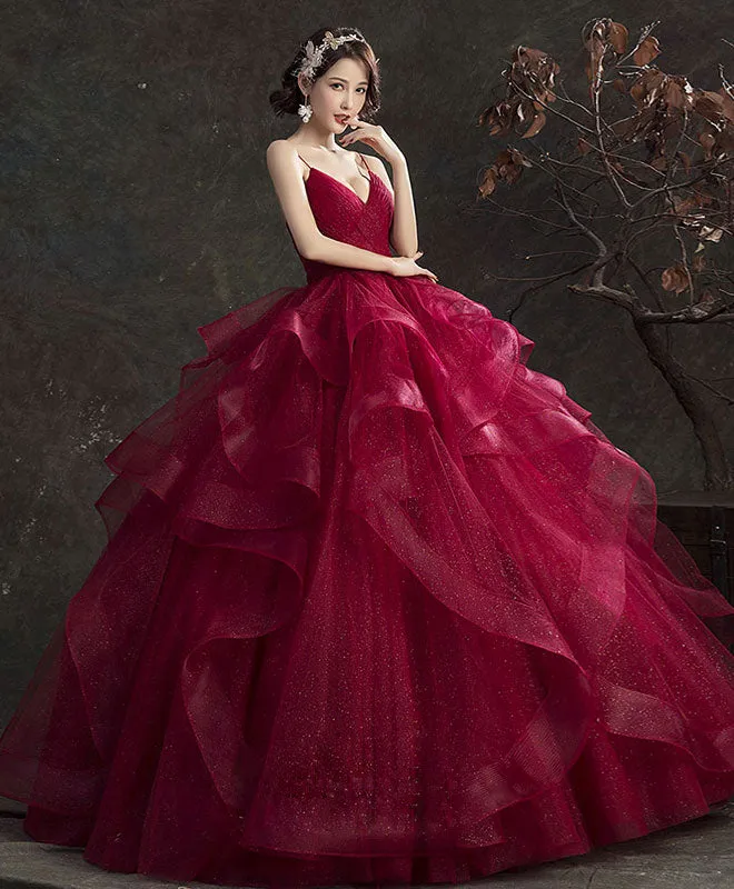 Burgundy V Neck Tulle Long Prom Dress, Burgundy Sweetheart 16 Dress