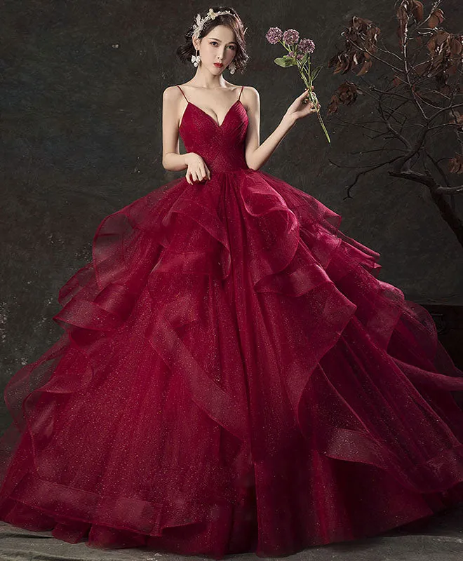 Burgundy V Neck Tulle Long Prom Dress, Burgundy Sweetheart 16 Dress