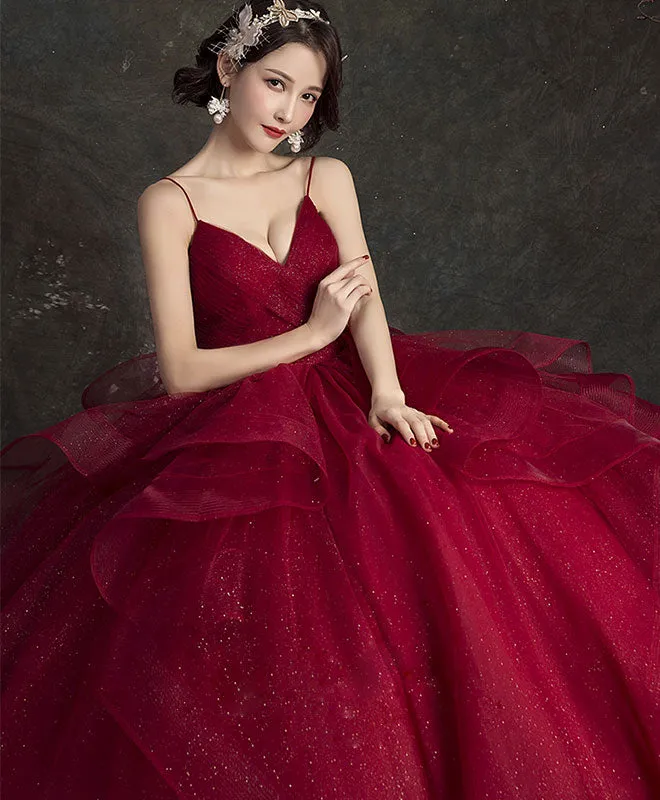 Burgundy V Neck Tulle Long Prom Dress, Burgundy Sweetheart 16 Dress