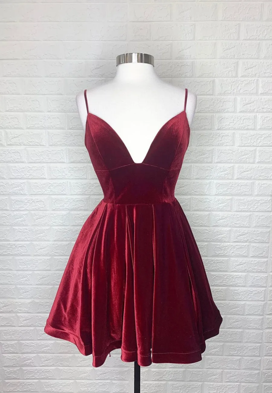 Burgundy V-Neck Velvet Short Prom Dresses, A-Line Party Dresses