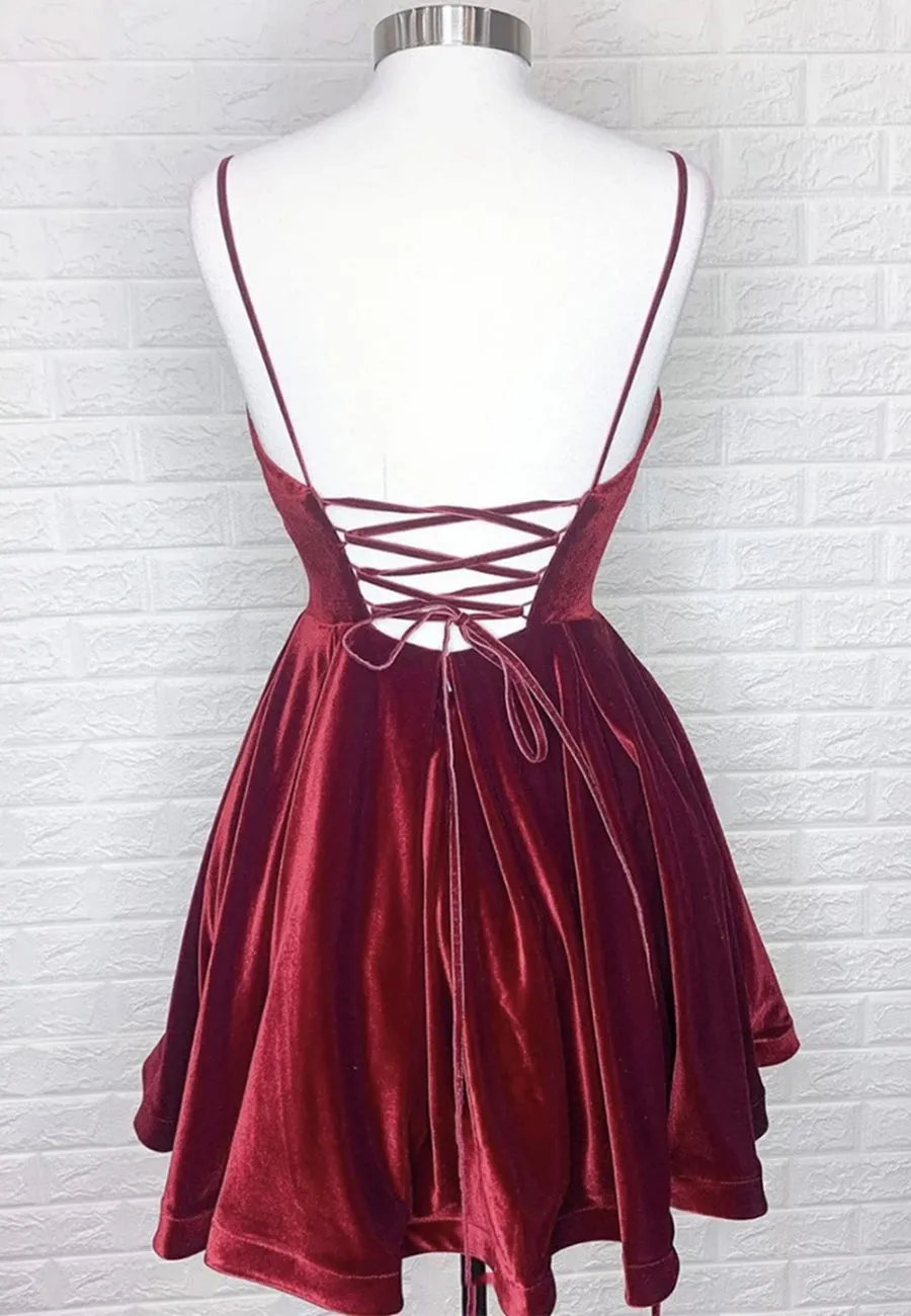 Burgundy V-Neck Velvet Short Prom Dresses, A-Line Party Dresses