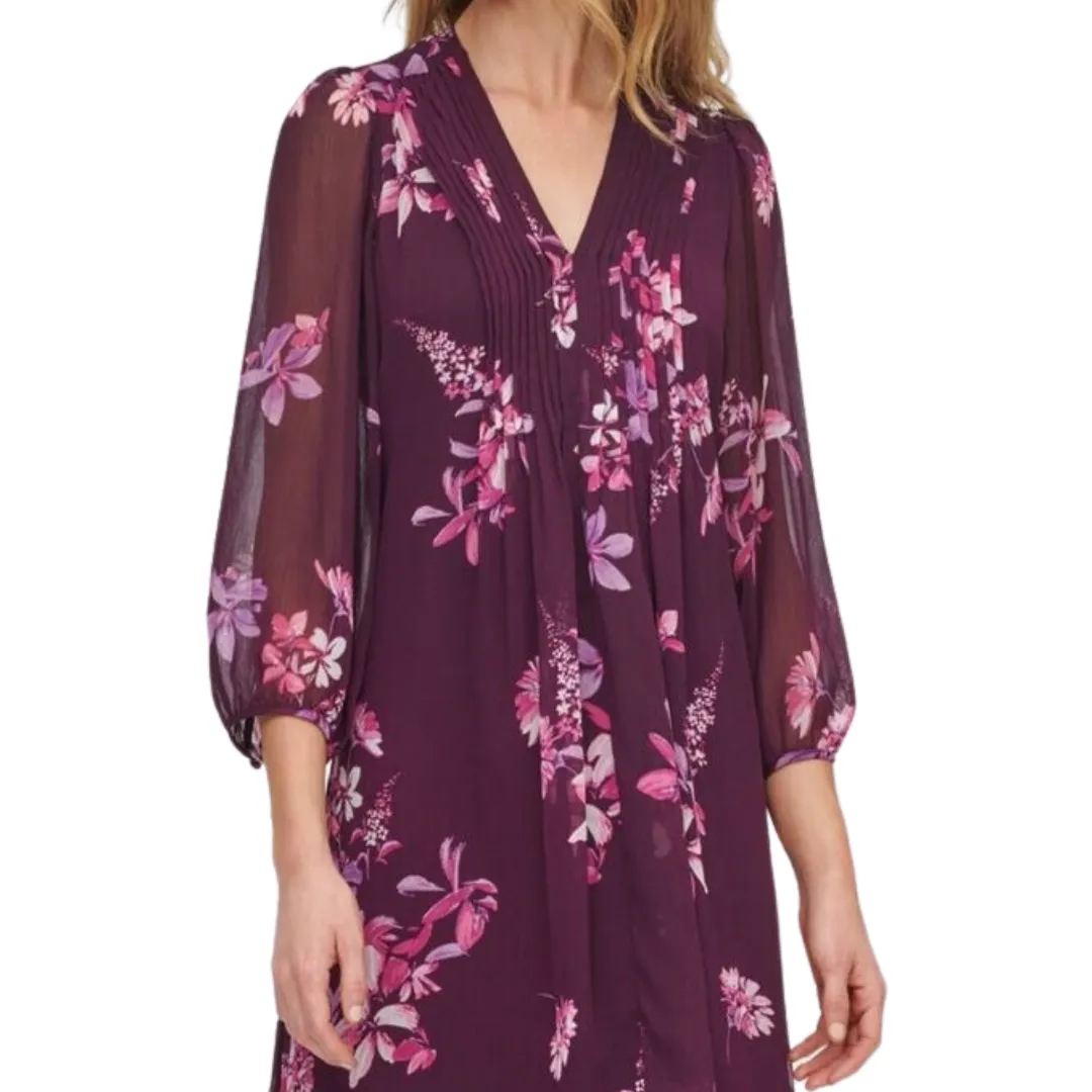 CALVIN KLEIN Balloon Sleeve Purple Floral Midi Dress SIZE 8