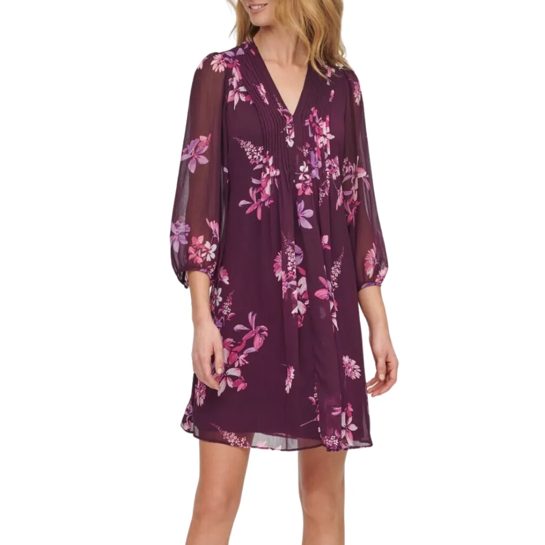 CALVIN KLEIN Balloon Sleeve Purple Floral Midi Dress SIZE 8