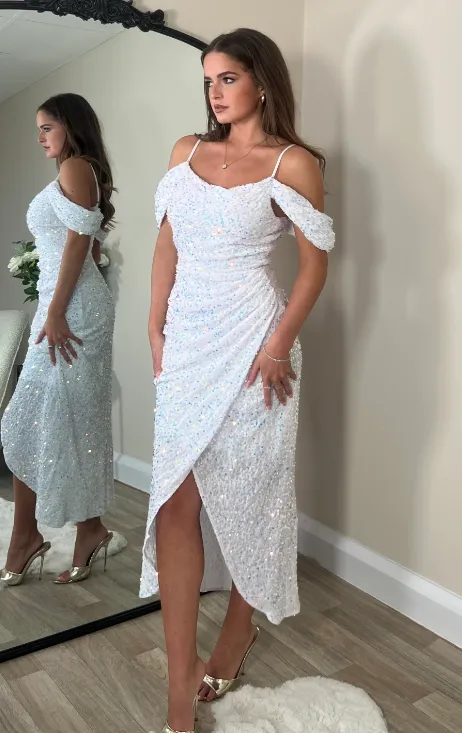 Camila White Sequin Wrap Over Midi Dress