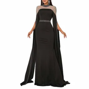 Cape Sleeves Black Evening Dress Long Prom Dress Event Dress