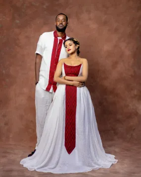 Captivating Red Matching Habesha Couples Outfit: Elegant Look with Traditional Ethiopian Couples Attire