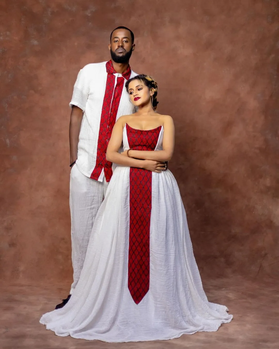 Captivating Red Matching Habesha Couples Outfit: Elegant Look with Traditional Ethiopian Couples Attire