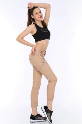 Chain Detail Slim Fit Stretchy Beige Cargo Trousers