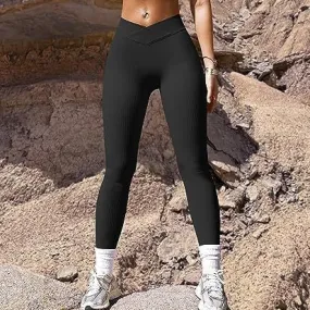 Charcoal Rib High Waist Cross Sports Bottoming Casual Leggings