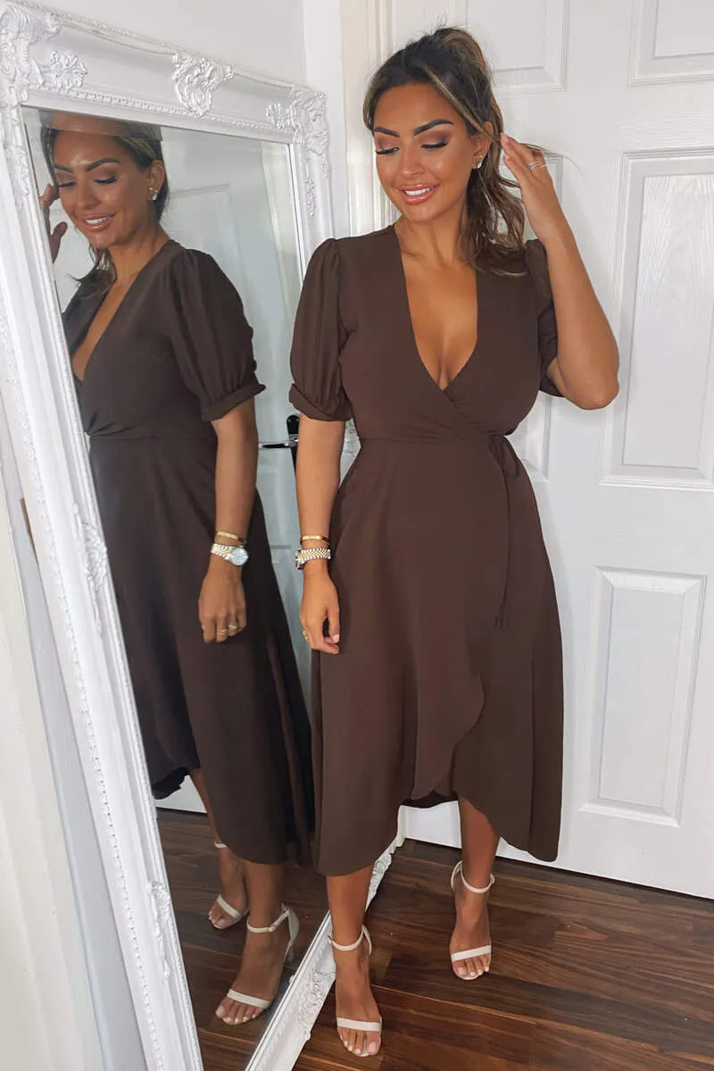 Chocolate Wrap Side Tie Midi Dress