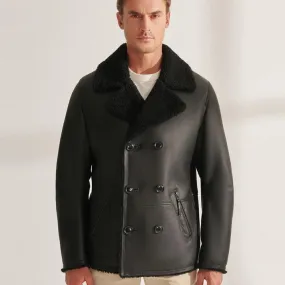 Classic Black Sheepskin Shearling Aviator Long Jacket Coat