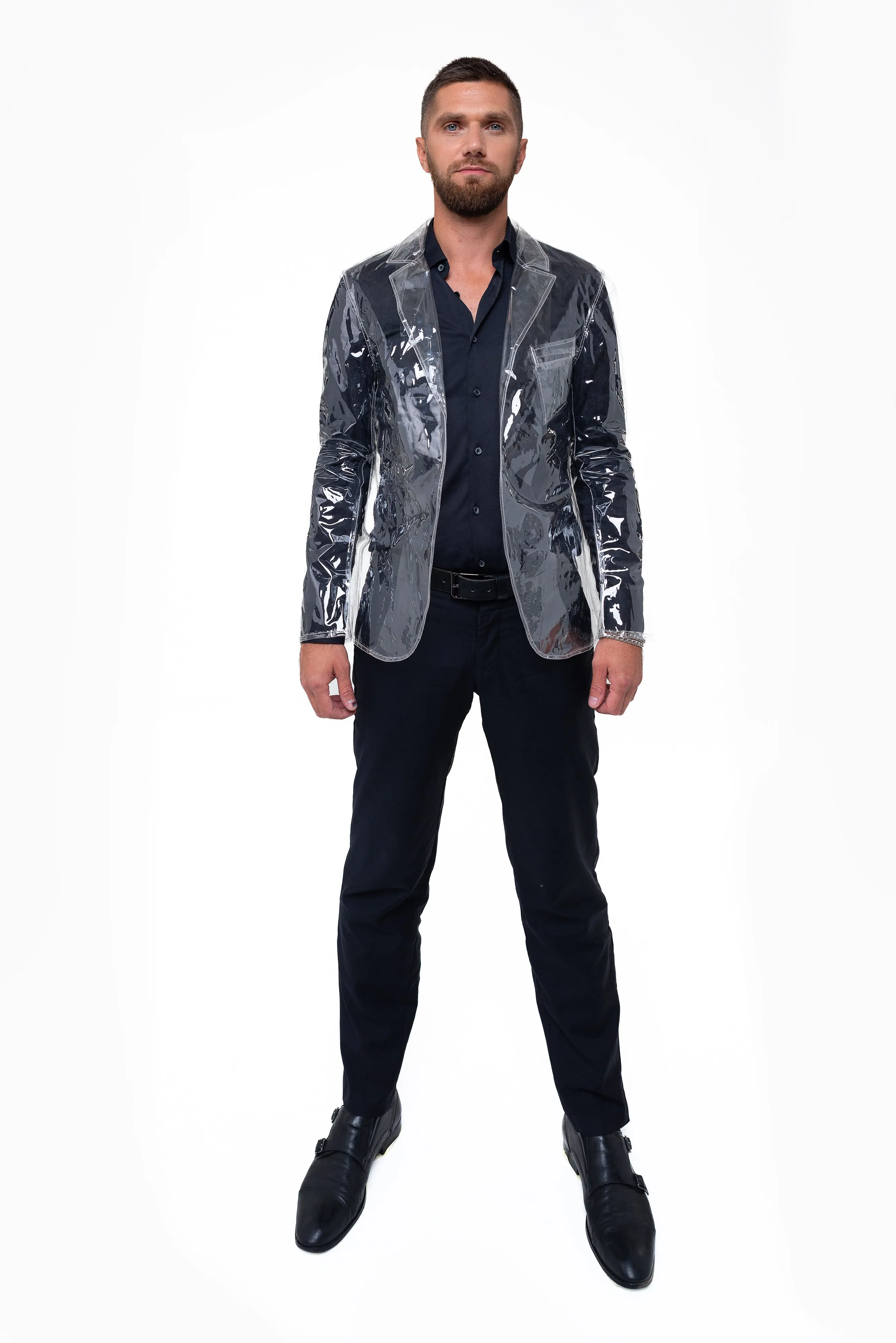 Classic Clear Men’s Jacket. Festive transparent blazer. Clear Rain Jacket