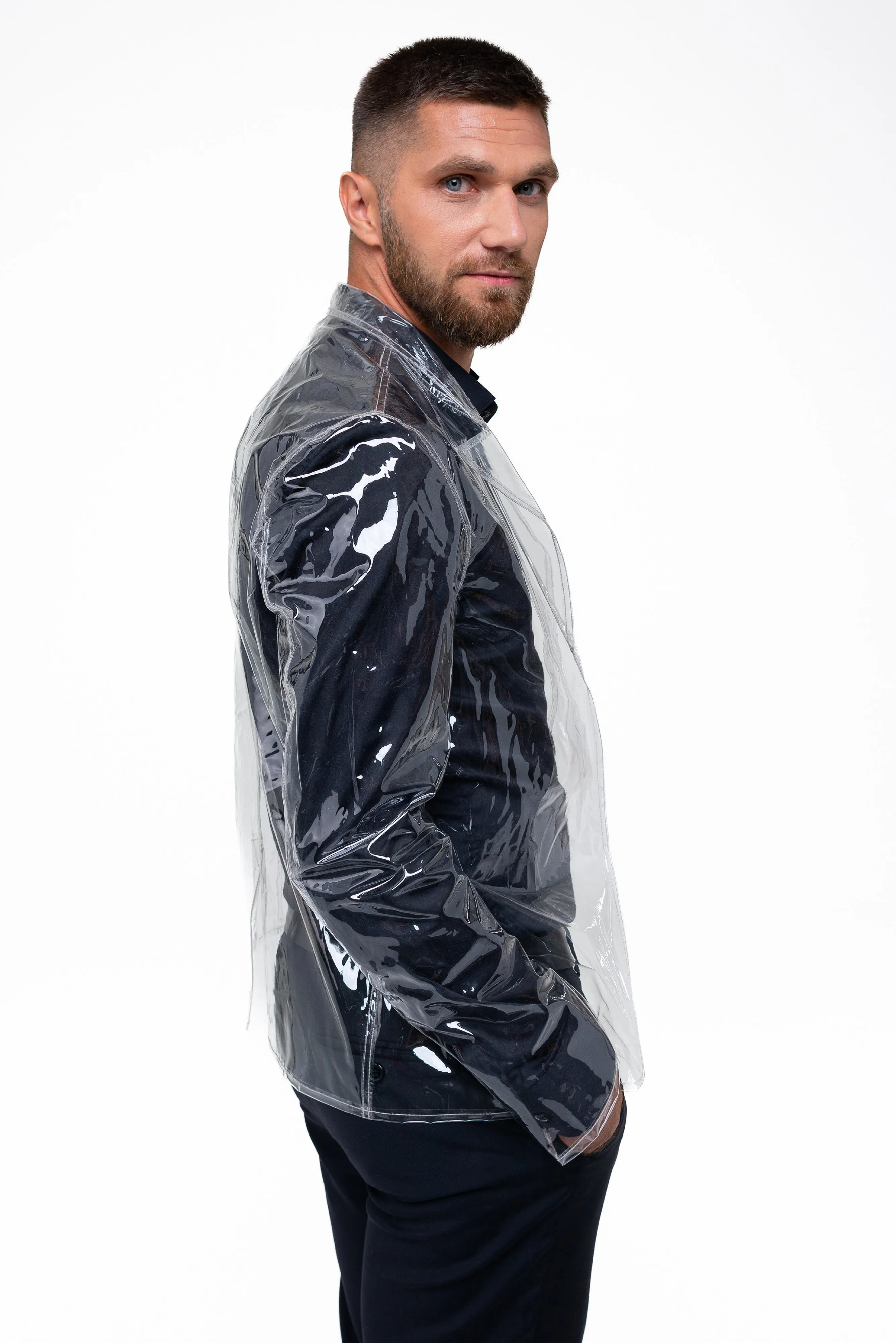 Classic Clear Men’s Jacket. Festive transparent blazer. Clear Rain Jacket