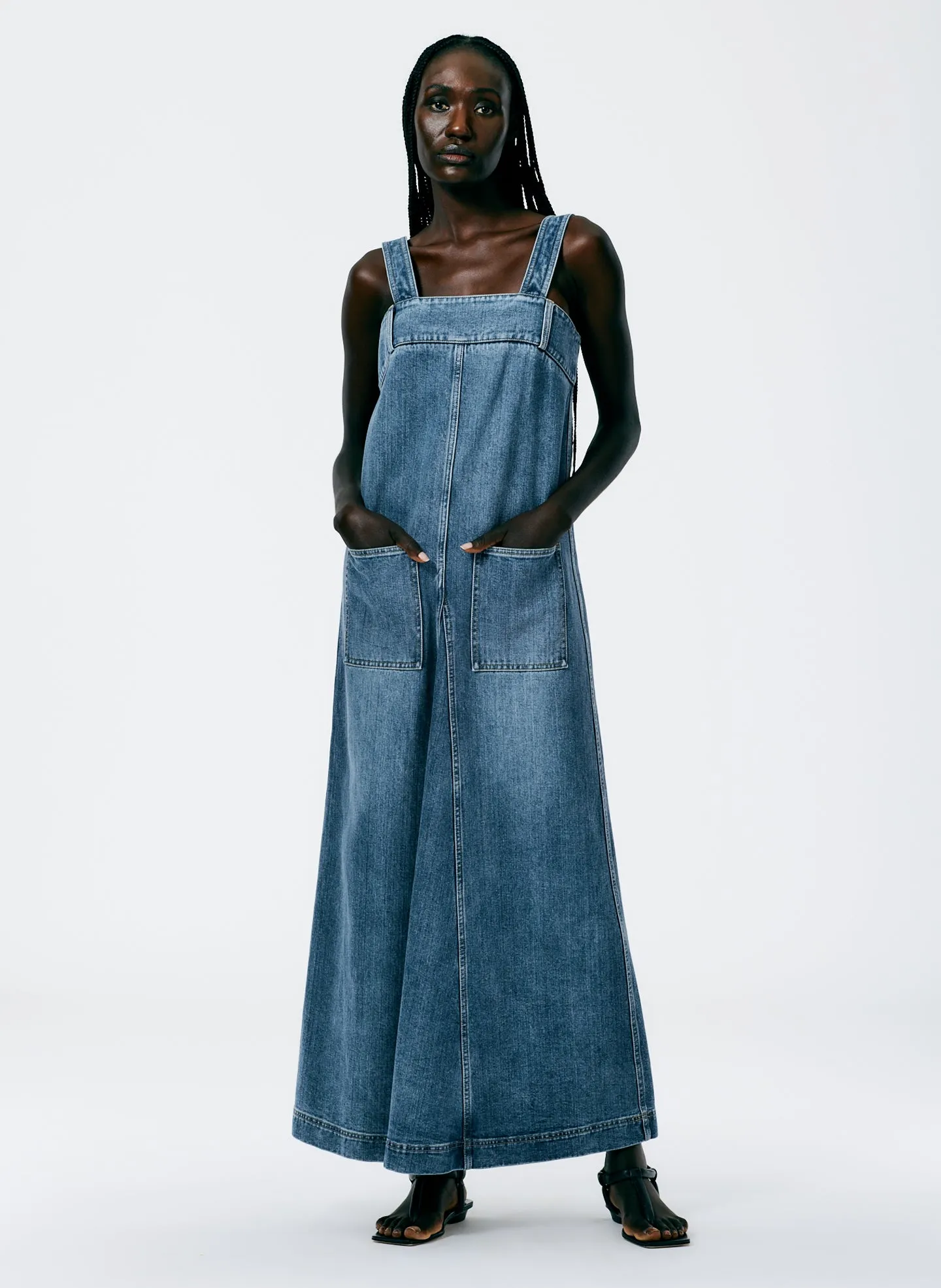 Classic Wash Denim Overall Maxi Dress