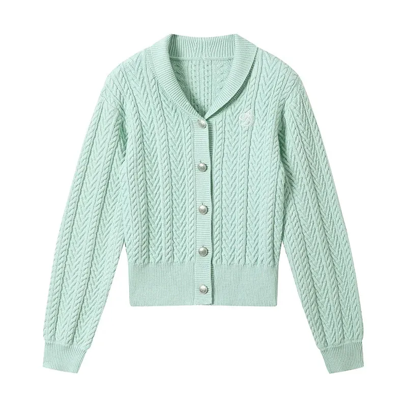 Cozy Cable Knit Cardigan: Classic V-Neck Button-Up Sweater with Embroidered Logo