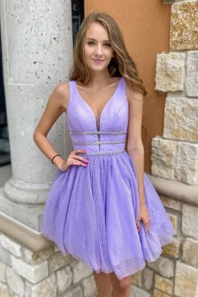 Cute V Neck Short Purple Prom Dress with Belt, V Neck Purple Homecoming Dress, Purple Formal Evening Dress