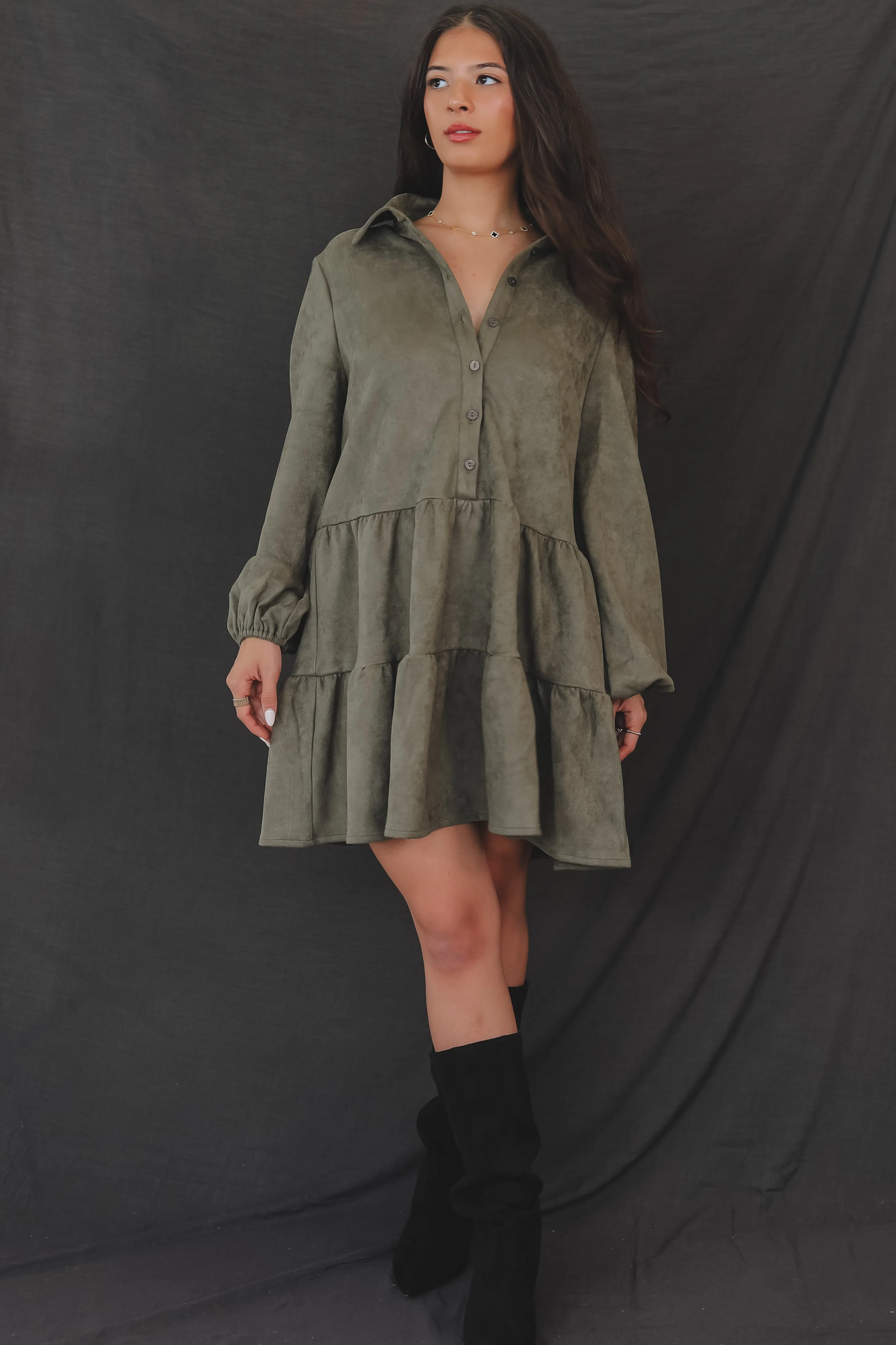 DEAL Always Here For A Show Olive Suede Mini Dress