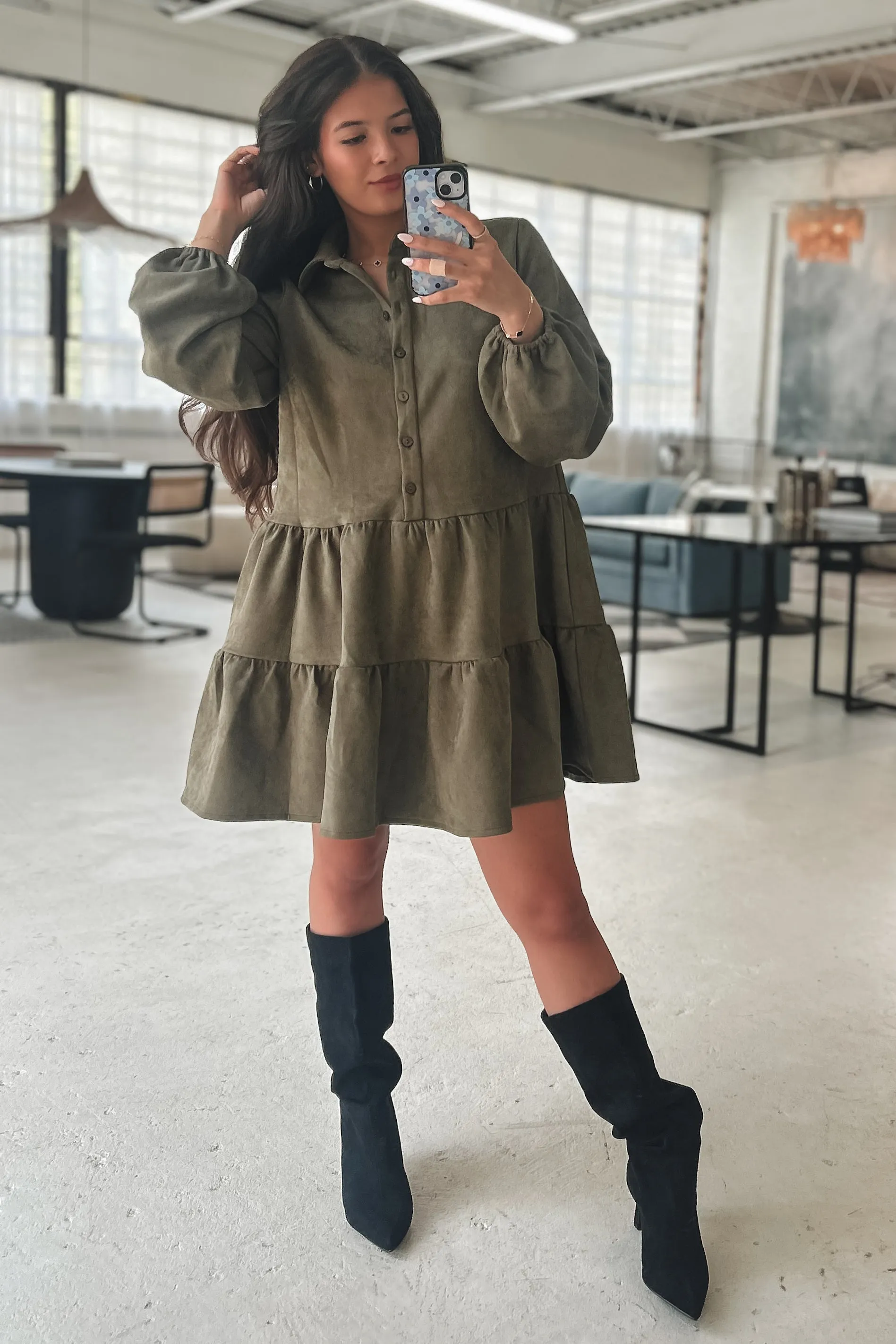 DEAL Always Here For A Show Olive Suede Mini Dress