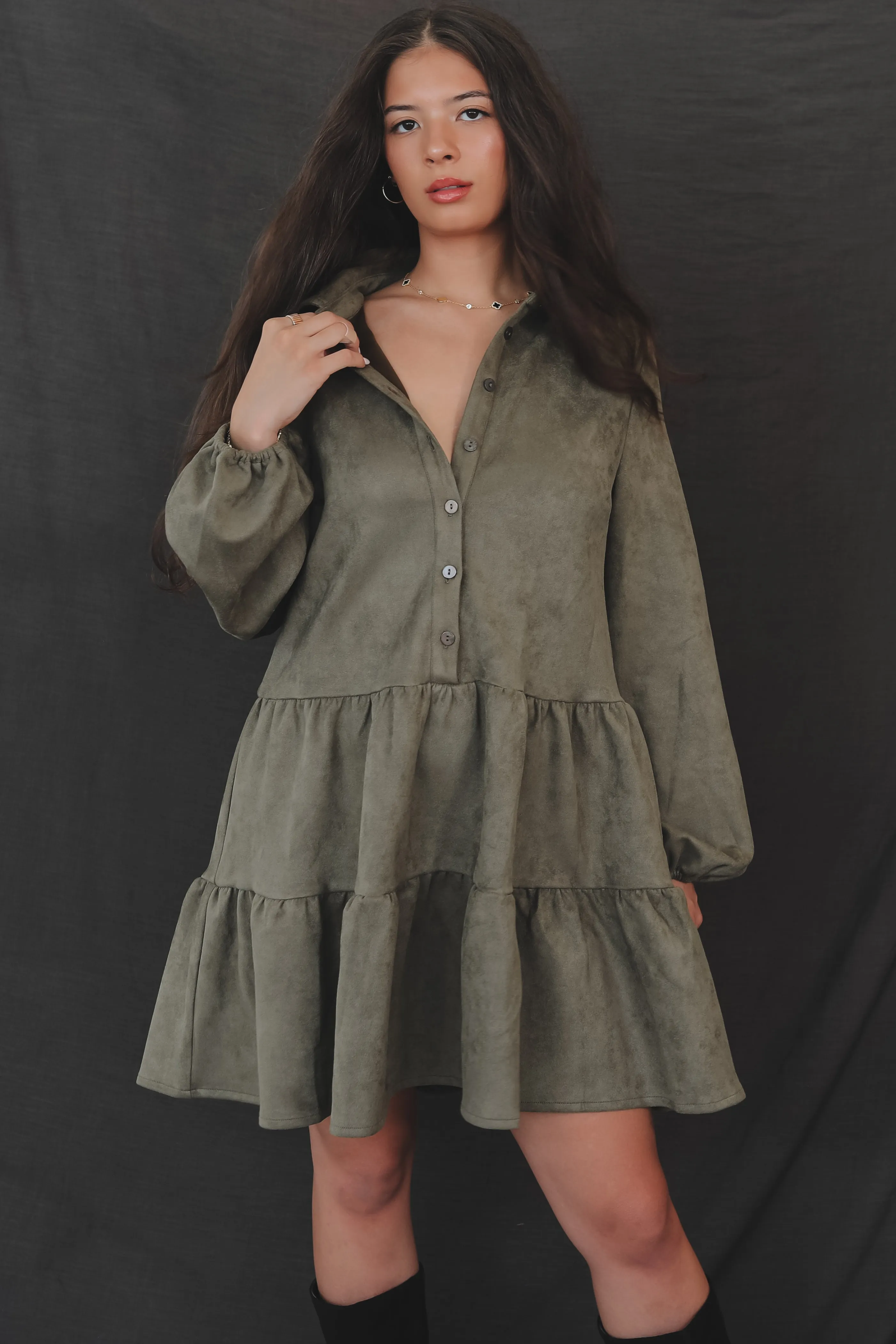 DEAL Always Here For A Show Olive Suede Mini Dress