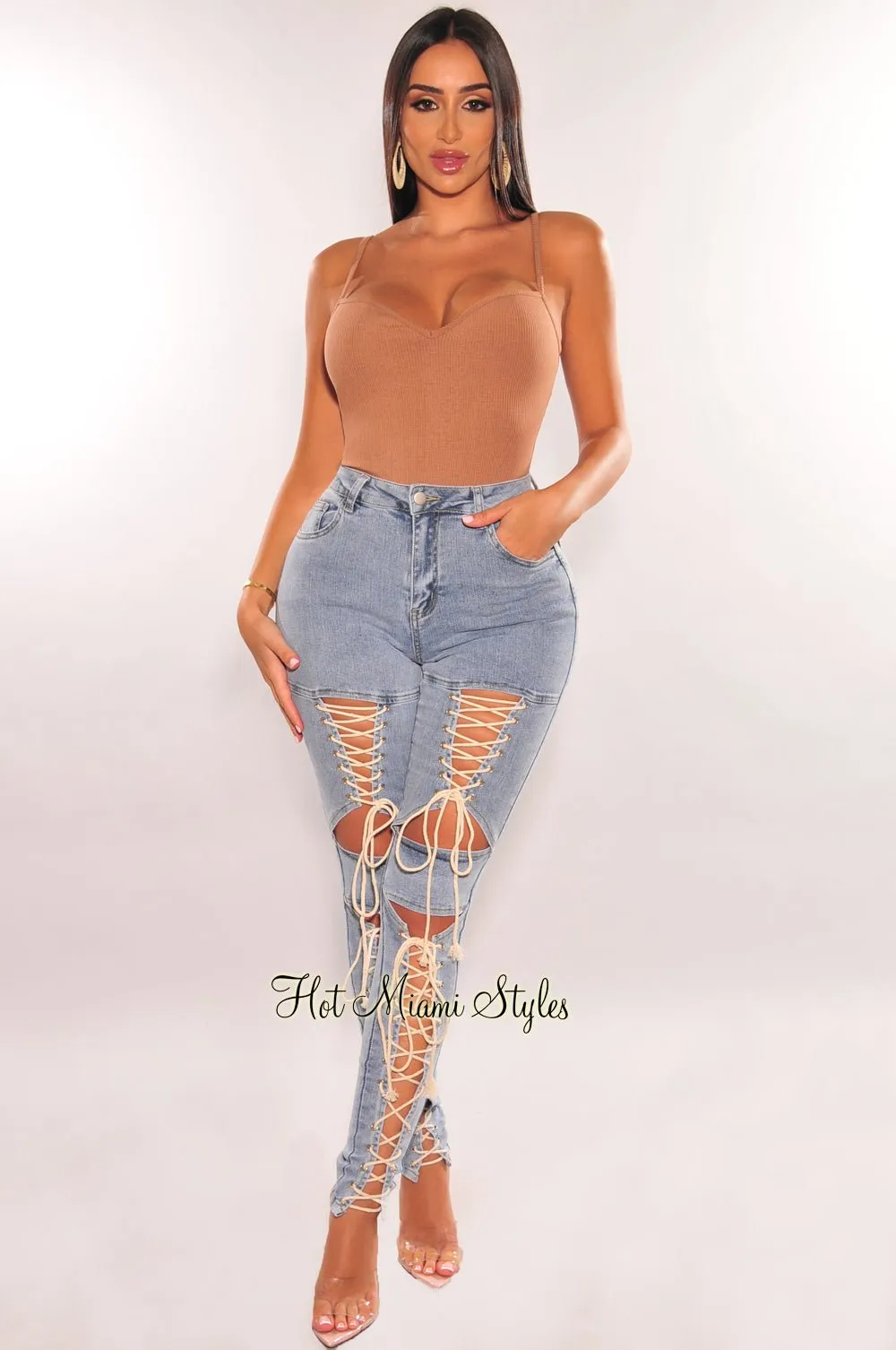 Denim Wash High Waist Lace Up Skinny Jeans