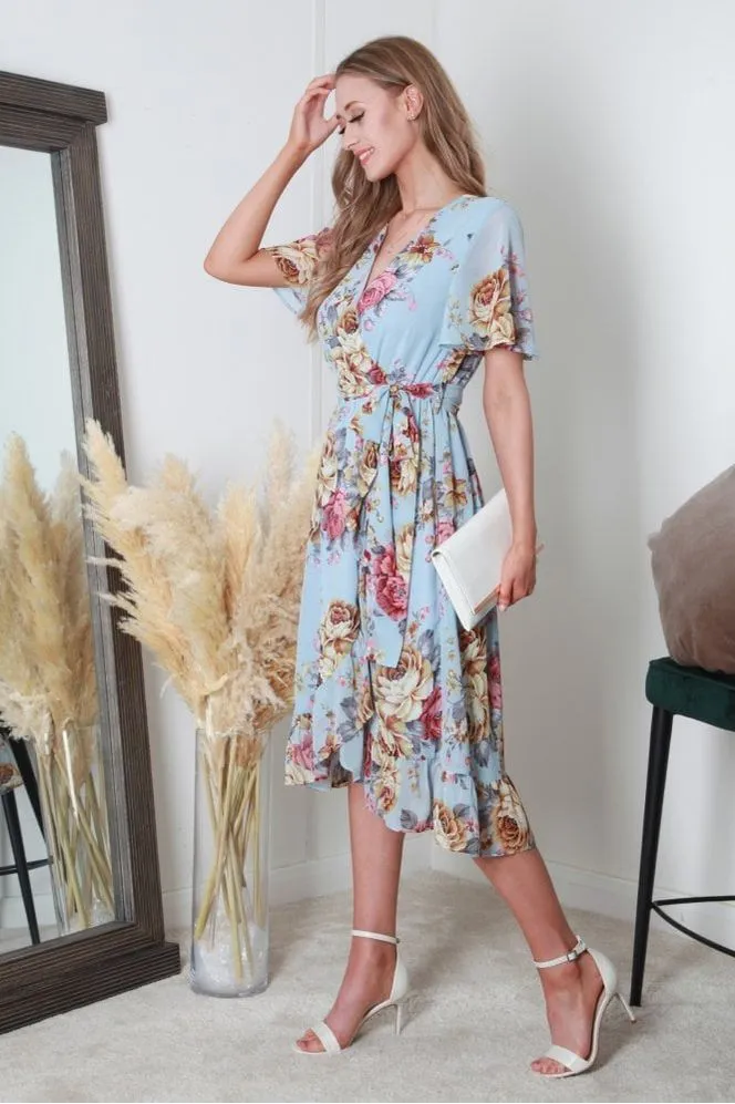 Double Second Blue Printed Midi Wrap Dress