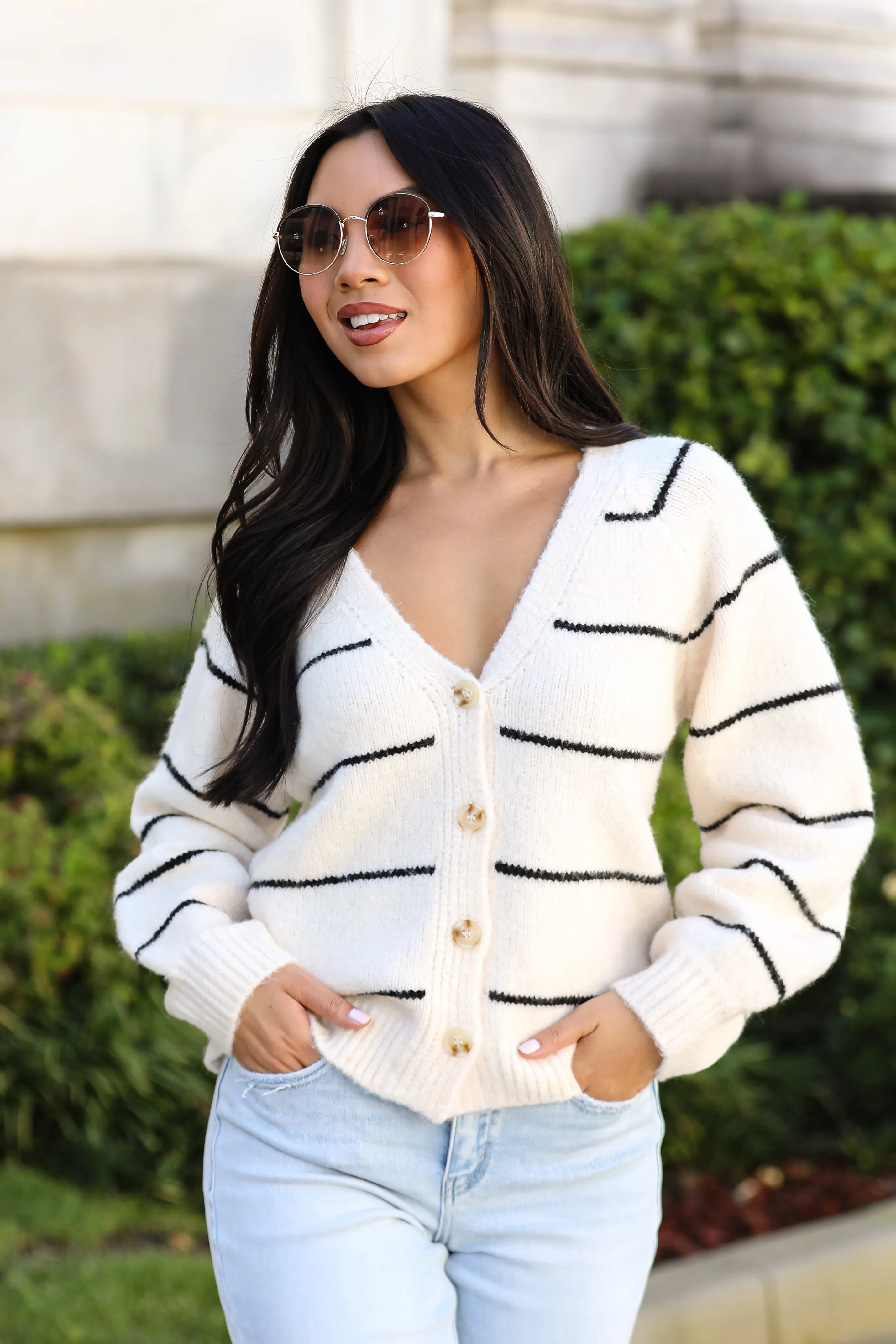 Effortlessly Lavish Cream Striped Sweater Cardigan