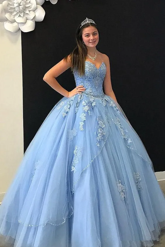 Elegant Baby Blue Cheap Ball Gown Quinceanera Prom dresses Sweetheart Neck Applique Lace Crystal Beaded Sparkly Sequin Sweet 16 Formal Dress      fg4050