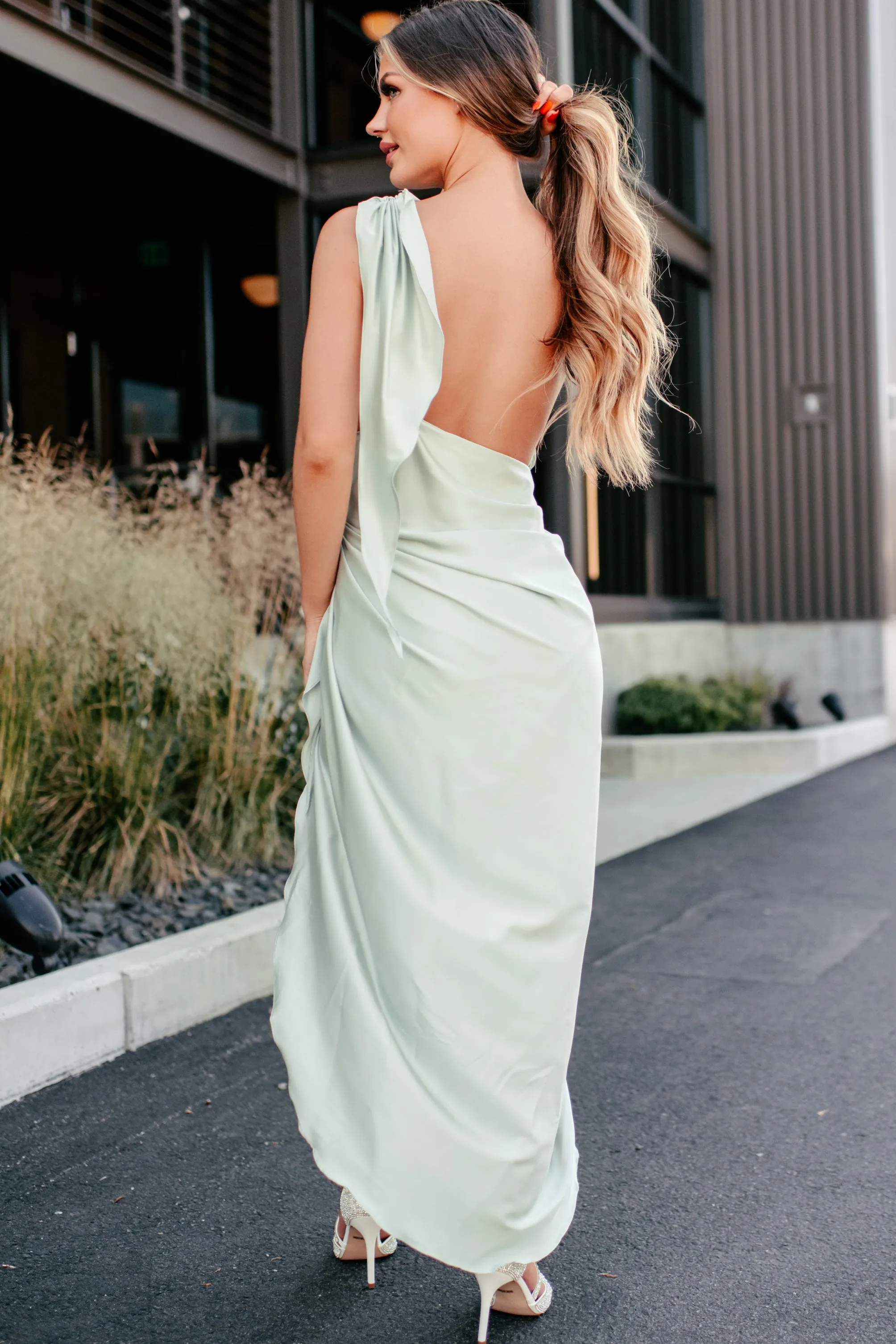 Elegant Bliss One Shoulder Satin Wrap Dress (Mint)