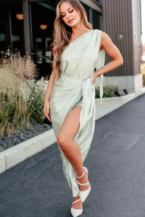 Elegant Bliss One Shoulder Satin Wrap Dress (Mint)